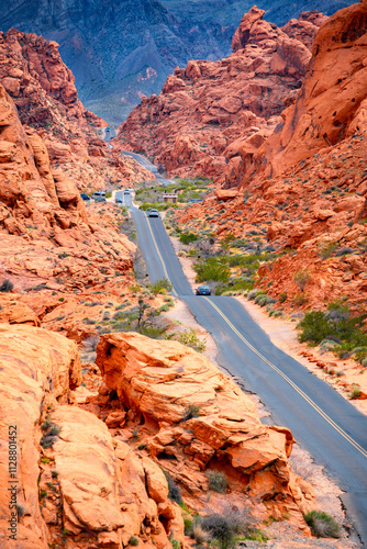 Canvas Print Scenic road in the famous “Valley of Fire“ State Park, a public recreation and nature preservation area in the Mojave Desert, near Las Vegas (Nevada, USA)