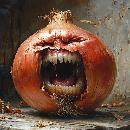 An AI-generated 3D render of an onion with sharp, human-like teeth, its face twisted into an aggressive snarl. The surreal concept mixes food with a menacing, fantasy aesthetic. AI generated. photo