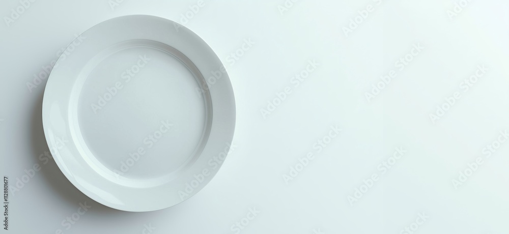Empty white plate on light background, minimalistic design, clean aesthetic, suitable for food presentation, copy space for text Empty white plate on light background, minimalistic design, clean aesthetic, suitable for food presentation, copy space for text