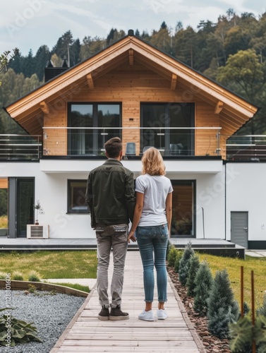 Rear view of young couple looking at their new house.