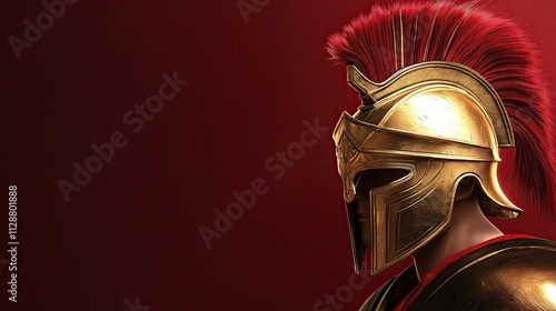 Spartan warrior helmet on red backdrop.