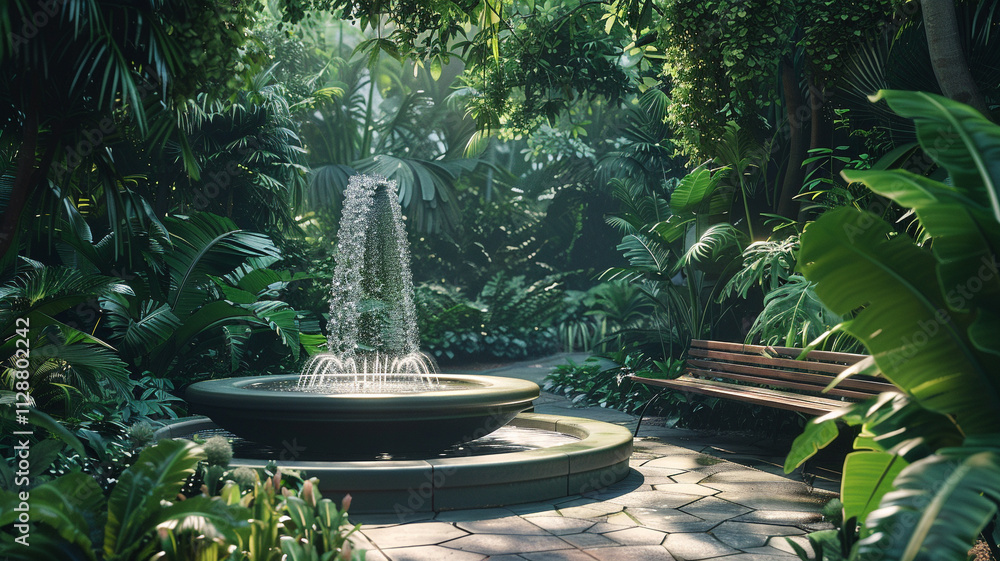 A therapeutic garden space featuring lush greenery, a trickling fountain, and a comfortable bench for reflection. A therapeutic garden space featuring lush greenery, a trickling fountain, and a comfortable bench for reflection.