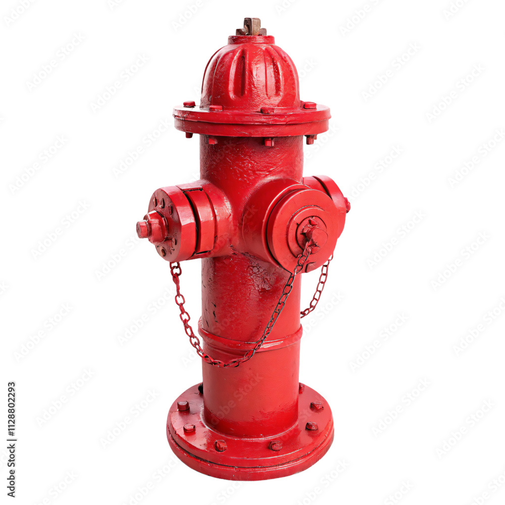 A robust red hydrant featuring multiple outlets and chain fittings, designed for urban fire safety and efficient water supply management, isolated on a transparent background A robust red hydrant featuring multiple outlets and chain fittings, designed for urban fire safety and efficient water supply management, isolated on a transparent background