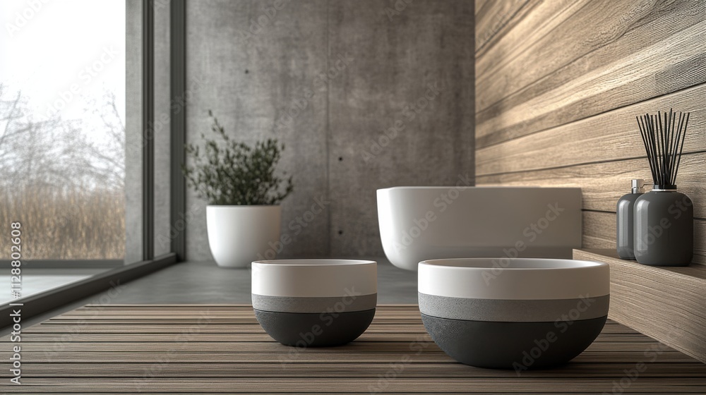 Modern Bathroom Design with Natural Elements Contemporary Space Interior Decoration Minimalist Environment Wide-angle View Serenity Concept for Relaxation Modern Bathroom Design with Natural Elements Contemporary Space Interior Decoration Minimalist Environment Wide-angle View Serenity Concept for Relaxation