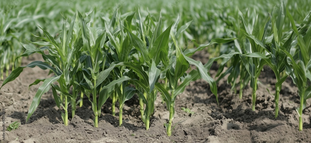 Corn plants growing in field, healthy green leaves, rows of crops, agricultural landscape, copy space for text Corn plants growing in field, healthy green leaves, rows of crops, agricultural landscape, copy space for text