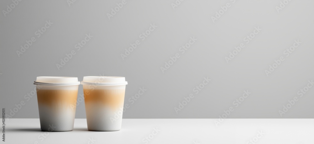 Coffee cups with gradient design, two disposable cups on white surface, minimalistic background, soft lighting, copy space for text Coffee cups with gradient design, two disposable cups on white surface, minimalistic background, soft lighting, copy space for text