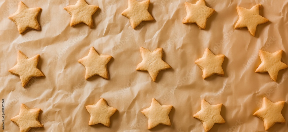 Star-shaped cookies arranged on parchment paper, freshly baked, golden brown, uniform size, perfect for decoration or celebration, ideal for holidays, copy space for text Star-shaped cookies arranged on parchment paper, freshly baked, golden brown, uniform size, perfect for decoration or celebration, ideal for holidays, copy space for text