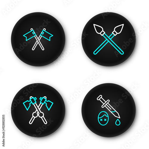 Set line Sword with blood, Crossed medieval axes, spears and flag icon. Vector