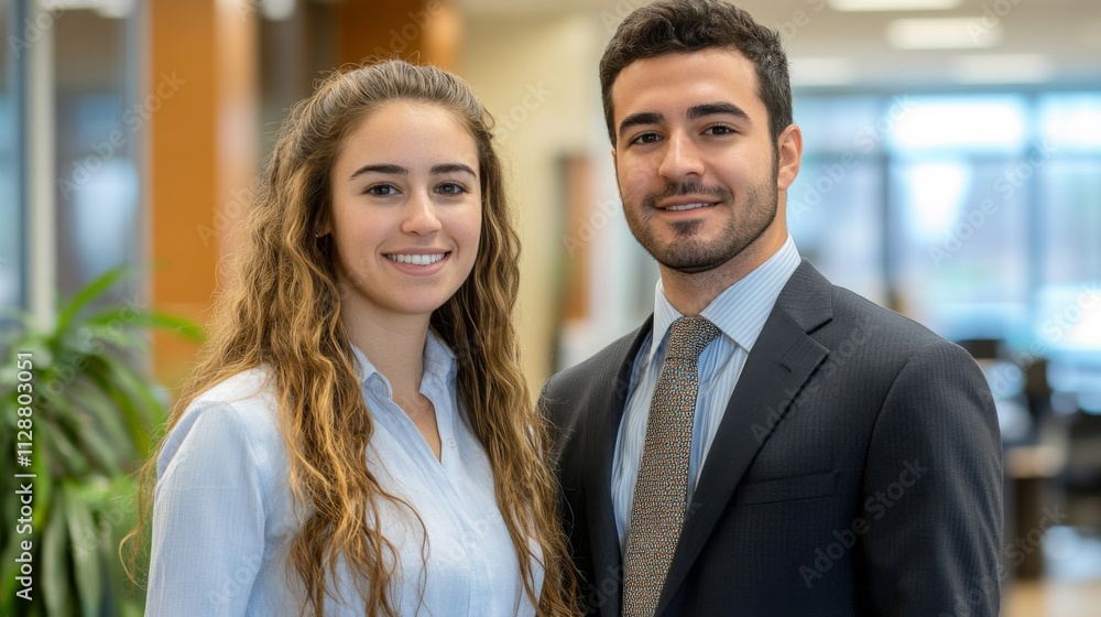 A man and woman in professional attire smiling and looking at the camera A man and woman in professional attire smiling and looking at the camera