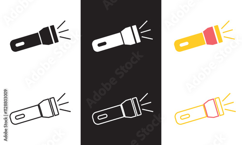 Flashlight icon in outline and solid style.  Vector illustration. isolated on white and black background. EPS 10