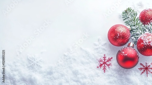 Christmas background with red Christmas ornaments and snowflakes on a white background, snow effect, Christmas decoration, snow-covered pine branches.