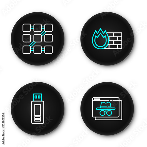 Set line Browser incognito window, USB flash drive, Firewall, security wall and Graphic password protection icon. Vector
