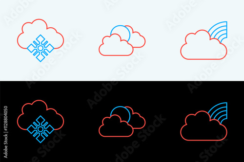 Set line Rainbow with clouds, Cloud snow and Sun and weather icon. Vector