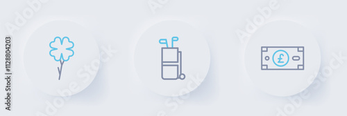 Set line Pound sterling money, Golf bag with clubs and Four leaf clover icon. Vector