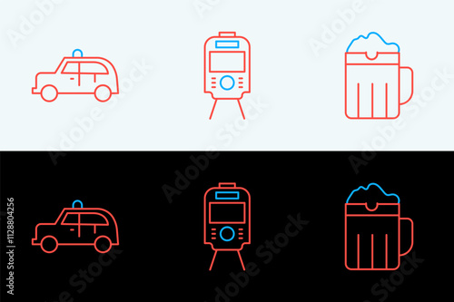 Set line Wooden beer mug, Taxi car and Tram and railway icon. Vector