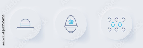 Set line Water drop, British police helmet and Elegant women hat icon. Vector