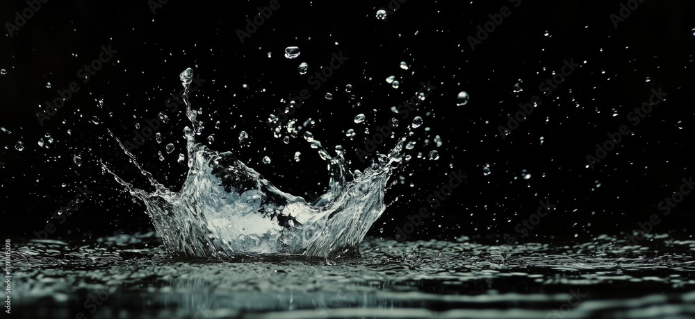 Water splash with droplets, dark background, dynamic motion, high-speed photography, copy space for text Water splash with droplets, dark background, dynamic motion, high-speed photography, copy space for text