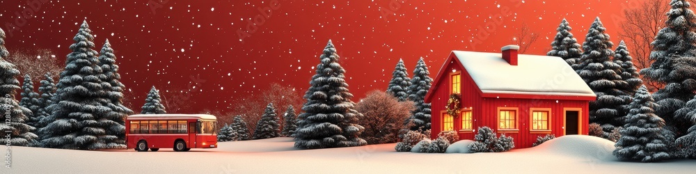 Obraz premium Winter Night banner with Red Truck and Festively Lit House, Snowy Landscape at Dusk