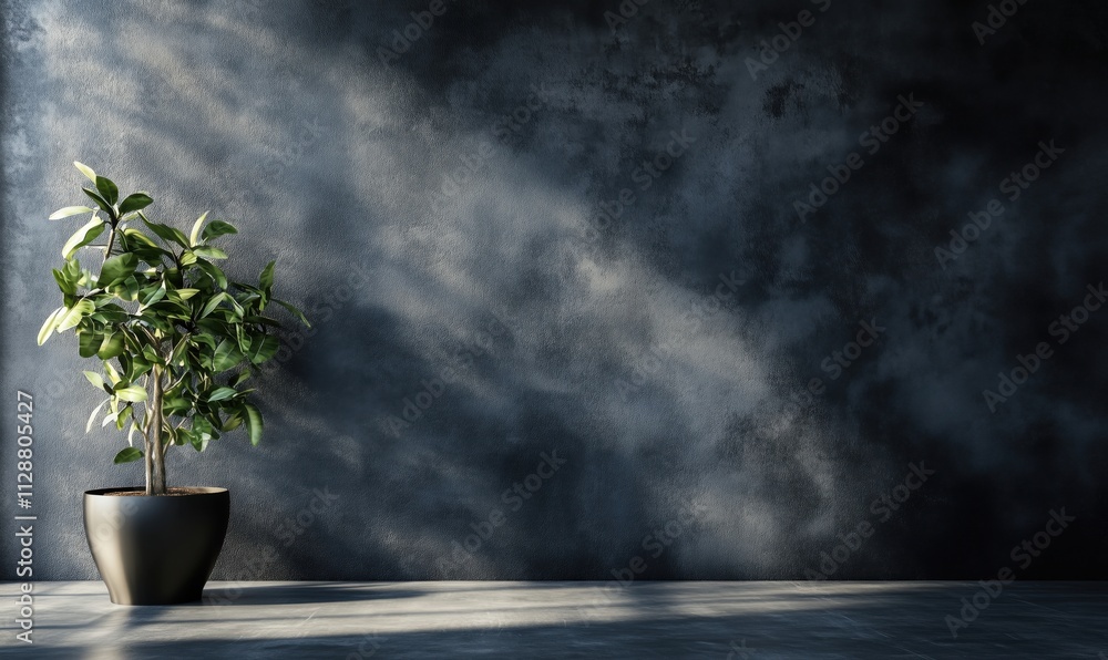 Indoor plant against textured wall, natural light casting shadows, minimalist decor Indoor plant against textured wall, natural light casting shadows, minimalist decor