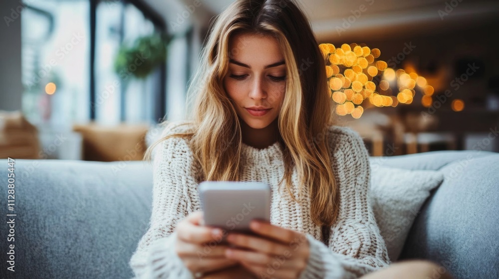 A Woman Uses Her Smartphone While Relaxing on a Couch A Woman Uses Her Smartphone While Relaxing on a Couch