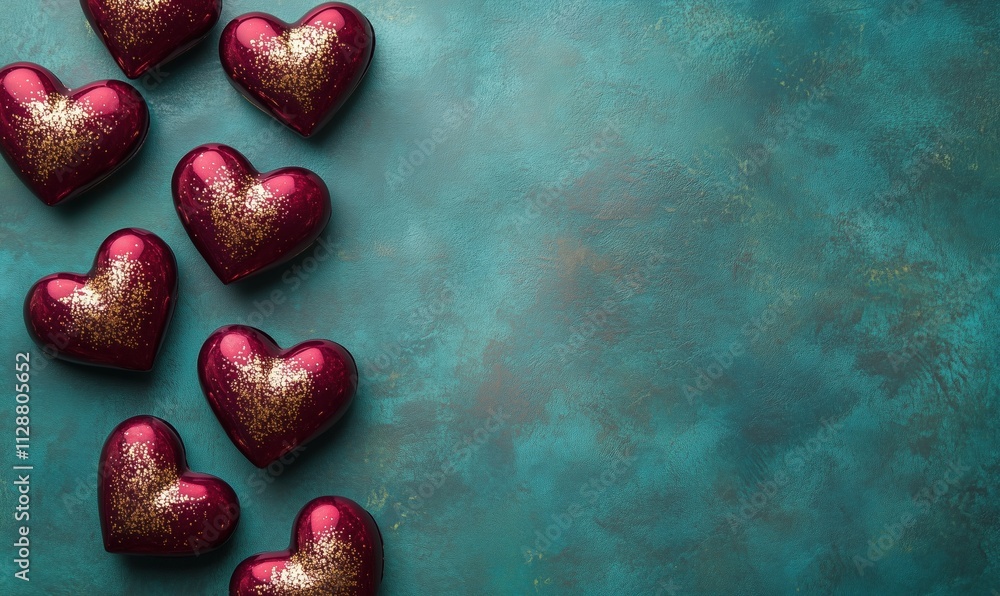 Decorative hearts with glitter on teal background, vibrant red and gold colors, perfect for Valentine's Day or romantic themes Decorative hearts with glitter on teal background, vibrant red and gold colors, perfect for Valentine's Day or romantic themes