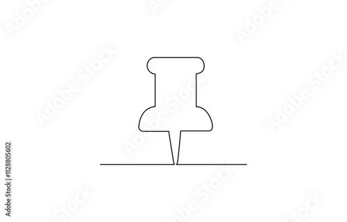 Continuous one line drawing of a paper pin. Drawing pin, Vector illustration. Single line pushpin, A pushpin drawn in one line. Minimalist linear pin icon attaching paper.