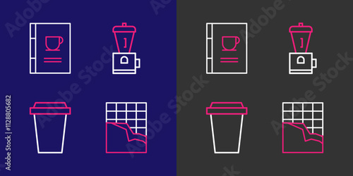 Set line Chocolate bar, Coffee cup to go, Electric coffee grinder and book icon. Vector
