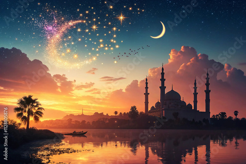 Religious background of Ramadan Kareem with mosque silhouettes reflected