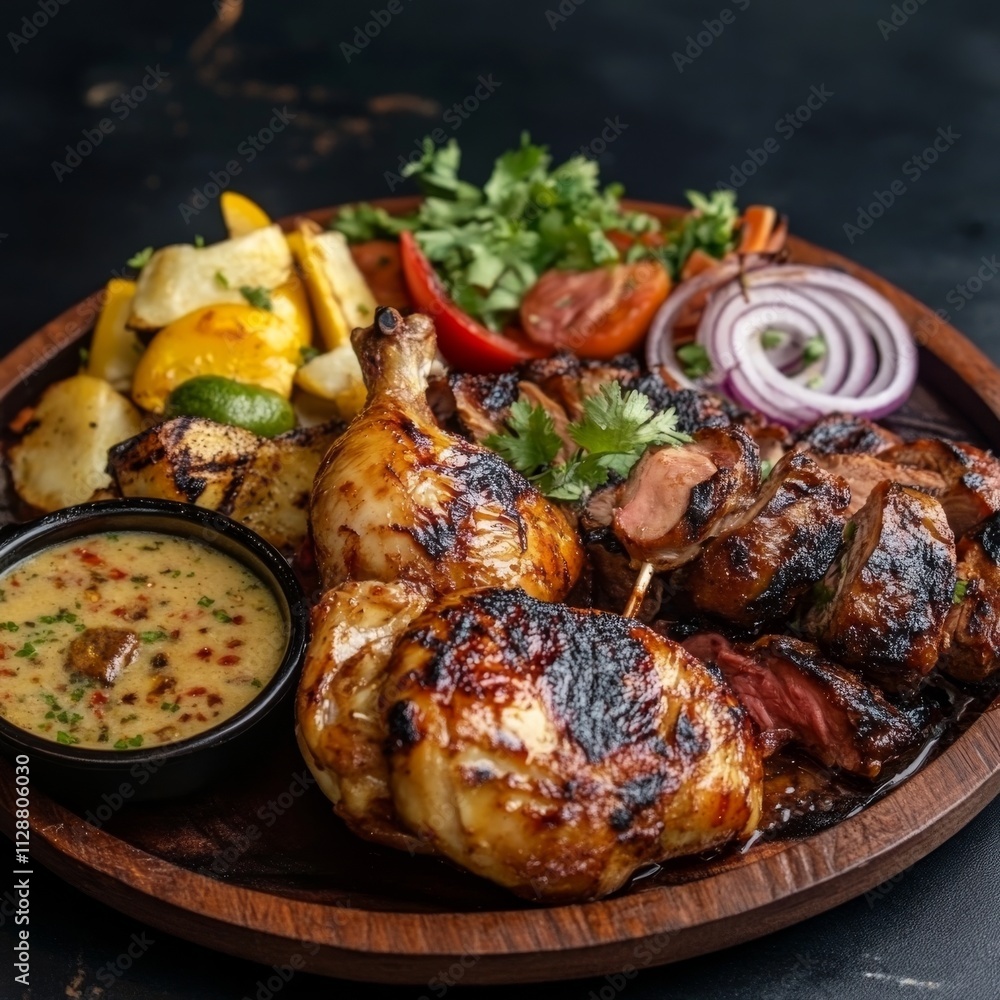 Grilled chicken, pork, and kebab platter. Grilled chicken, pork, and kebab platter.