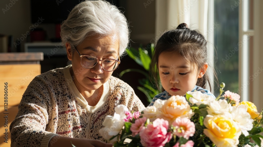 Natural Wellness, Mindfulness, and Longevity in Harmony. A heartwarming scene of a grandmother and granddaughter arranging flowers together, highlighting the bond between generations. Natural Wellness, Mindfulness, and Longevity in Harmony. A heartwarming scene of a grandmother and granddaughter arranging flowers together, highlighting the bond between generations.