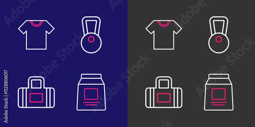 Set line Sports nutrition, bag, Kettlebell and T-shirt icon. Vector