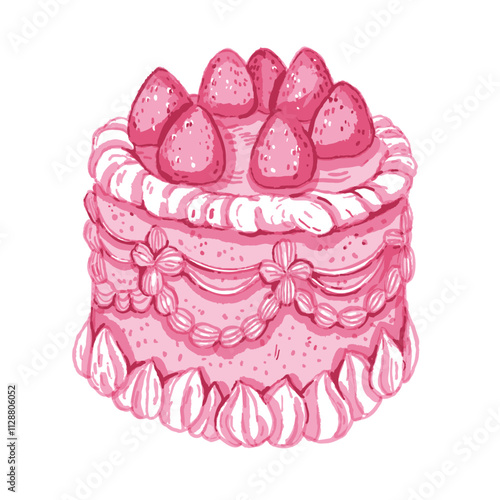 Pink vintage cake, vector watercolor hand drawn strawberry dessert, romantic bento pie sweet bakery. Valentine Day party tasty food, retro cupcake groovy illustration, birthday pastry. Vintage cake