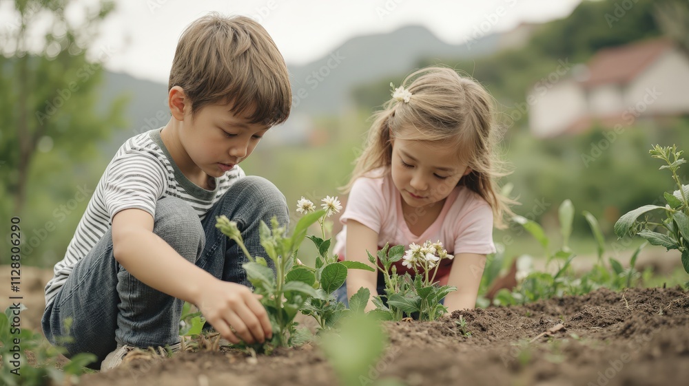 Little Hands, Big Dreams: Two young children, a boy and a girl, work together to plant seedlings in a lush garden, fostering a love for nature and the joy of growth. Little Hands, Big Dreams: Two young children, a boy and a girl, work together to plant seedlings in a lush garden, fostering a love for nature and the joy of growth.