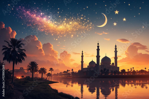 Religious background of Ramadan Kareem with mosque silhouettes reflected