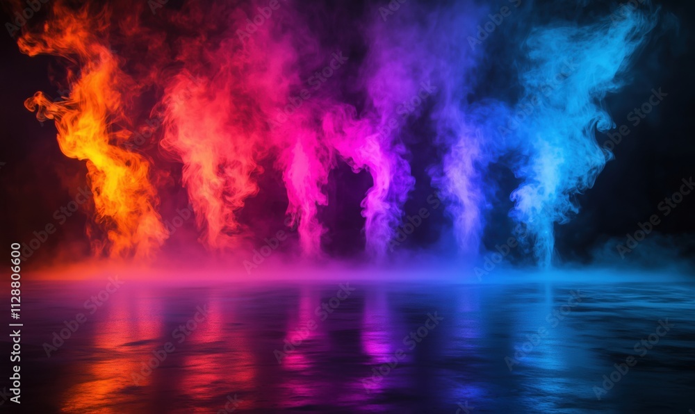 Colorful smoke swirls in vibrant hues, creating dynamic visual effects. Background features reflective surface enhancing colors. Artistic display of light and smoke. Colorful smoke swirls in vibrant hues, creating dynamic visual effects. Background features reflective surface enhancing colors. Artistic display of light and smoke.