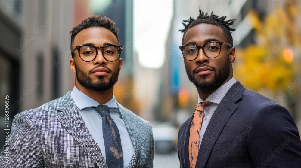Two African American Men in Suits and Glasses Looking at the Camera Two African American Men in Suits and Glasses Looking at the Camera