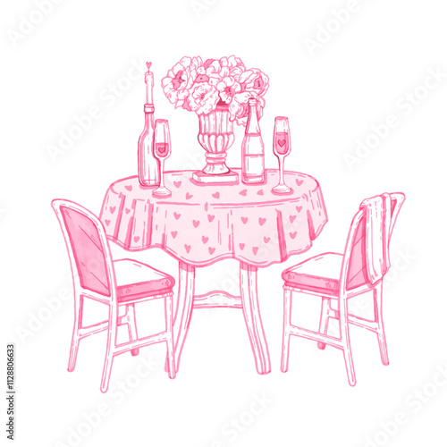 Valentine date dinner, vector watercolor romantic lunch, hand drawn served cafe table, pink cloth. Wedding invitation design doodle, champagne glass, flower bouquet, candle, chairs. Valentine date