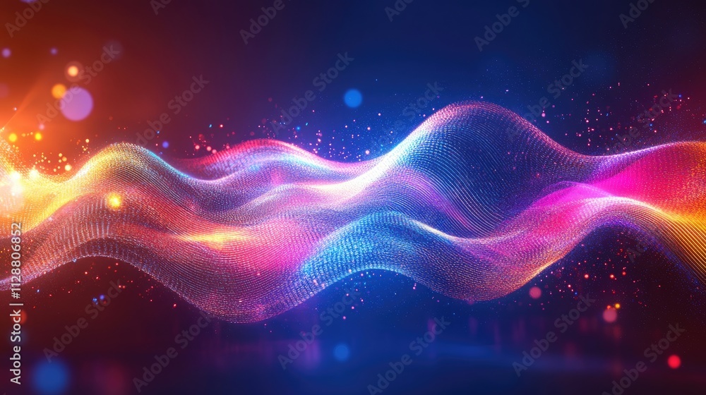 Fototapeta premium Abstract colorful wave of particles, glowing in dark background.