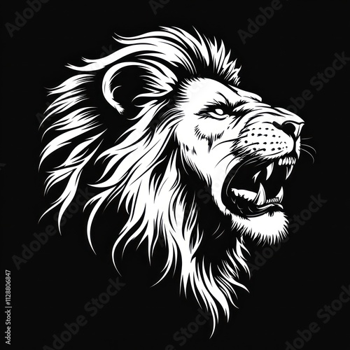 Roaring lion head, monochrome profile, detailed mane, fierce expression, black background.
