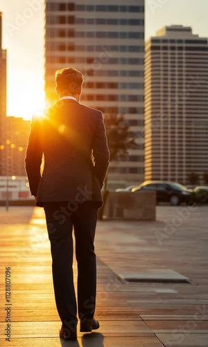 Rear view of businessman walking in city and sunlight