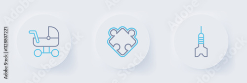 Set line Dart arrow, Puzzle pieces toy and Baby stroller icon. Vector