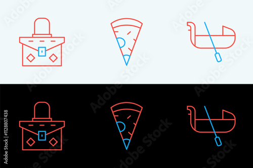 Set line Gondola, Handbag and Slice of pizza icon. Vector