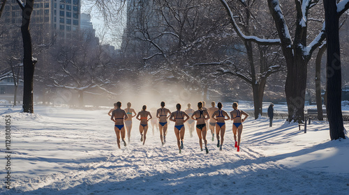 A group of runners in swimsuits dashing through a snow-covered city park.