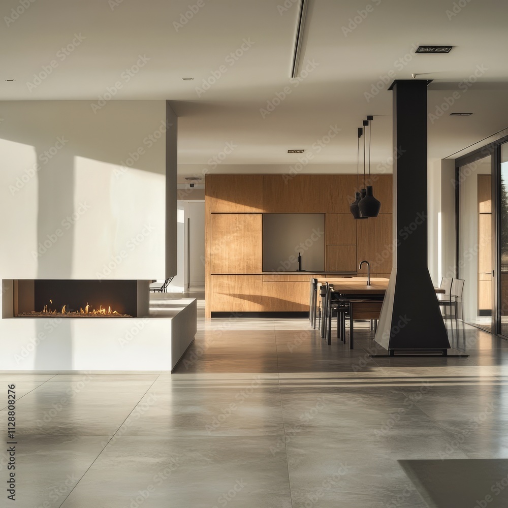 Fototapeta premium Interior panorama: Open kitchen and stylish fireplace in a large room