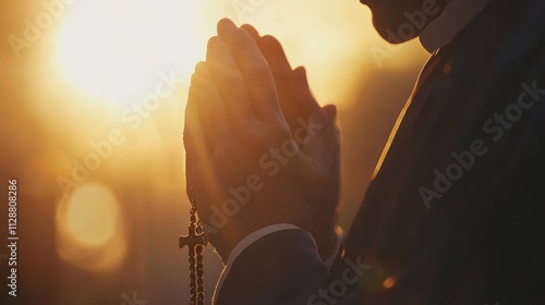 Close-up of a priest holding a rosary and praying, symbolizing faith, devotion, prayer, and spirituality, with focus on the beads and hands against a simple background for a serene religious concept