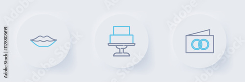 Set line Greeting card, Wedding cake and Smiling lips icon. Vector