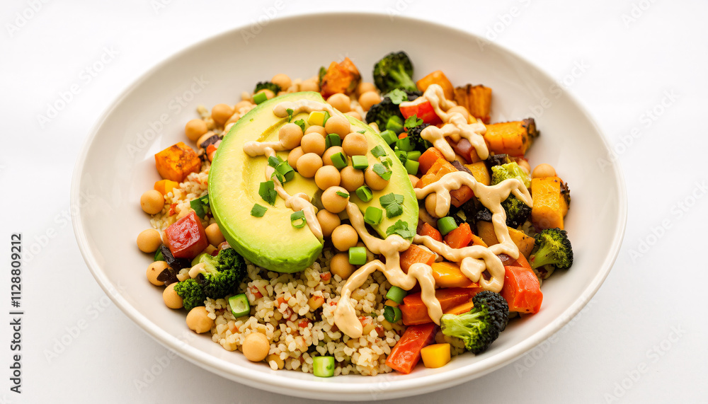 A beautifully plated vegan meal featuring a variety of colorful fresh ingredients A beautifully plated vegan meal featuring a variety of colorful fresh ingredients