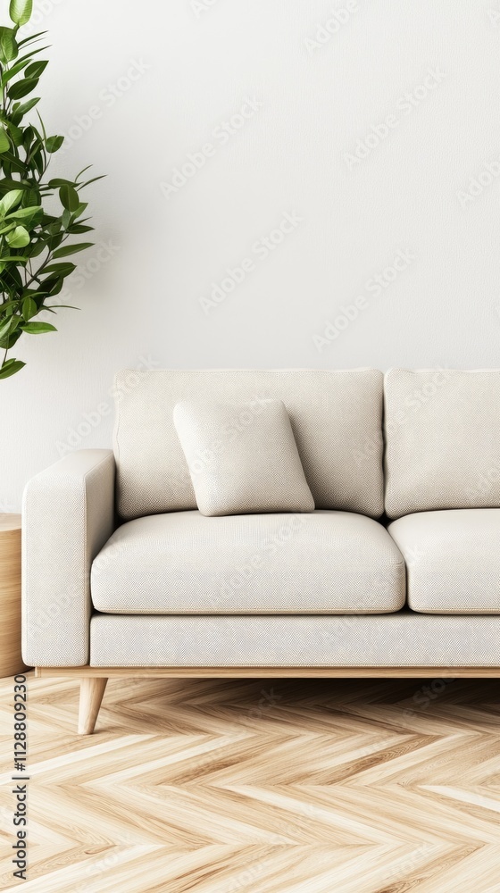 Minimalist living room design showcases a beige sofa, wooden flooring, and a white carpet, ideal for contemporary home aesthetics Minimalist living room design showcases a beige sofa, wooden flooring, and a white carpet, ideal for contemporary home aesthetics