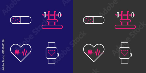 Set line Smart watch, Heart rate, Bench with barbel and Vitamin pill icon. Vector