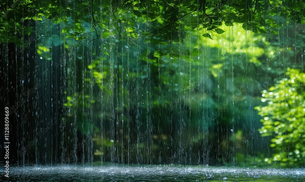Rainfall cascading down foliage, creating serene atmosphere. Lush greenery, droplets glistening, tranquil water surface, nature's beauty. Rainfall cascading down foliage, creating serene atmosphere. Lush greenery, droplets glistening, tranquil water surface, nature's beauty.